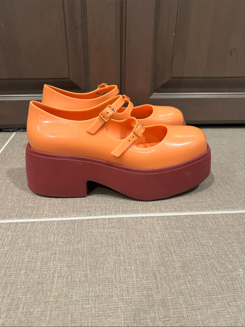 Melissa Farah Mary Jane Platform Shoes in Orange, Size 7